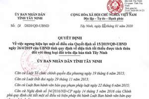 Ngưng hiệu lực một số điều của Quyết định số 15/2019/QĐ-UBND quy định về diện tích tối thiểu được tách thửa đất trên địa bàn tỉnh Tây Ninh