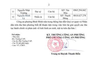 Công an phường Bình Minh thông báo phân công Cảnh sát khu vực phụ trách các khu phố từ ngày 01/7/2026