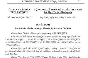 Hệ số điều chỉnh giá đất tỉnh Tây Ninh năm 2026 theo Quyết định 100/2026/QĐ-UBND