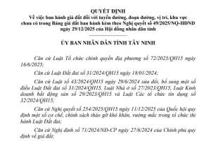 Quyết định 12388/QĐ-UBND bổ sung giá đất trong bảng giá đất Tây Ninh 2026