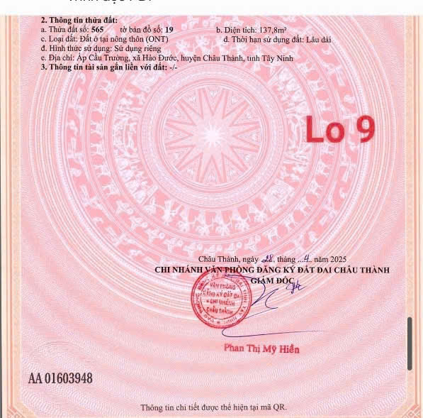 bán đất . DT 137 m2 . Full thổ cư . xã hảo đước . châu thành