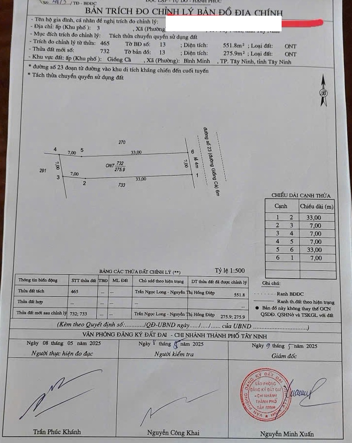 bán đất MT đường giồng cà . DT 275 m2 . Full thổ cư . xã bình minh . tp tây ninh