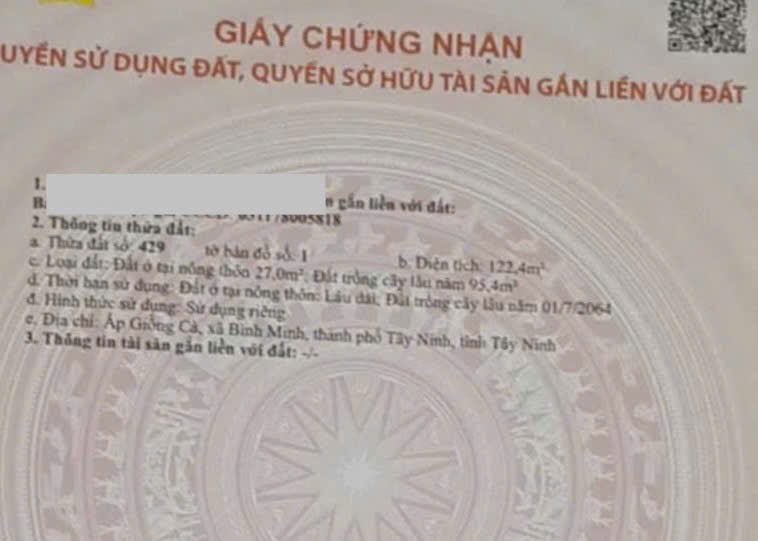 bán đất . DT 122 m2 . xã bình minh . tp tây ninh ( nay là phường bình minh )