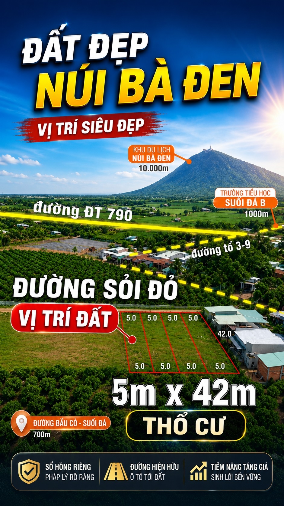 BÁN ĐẤT THỔ CƯ SUỐI ĐÁ, DƯƠNG MINH CHÂU, TÂY NINH – SỔ HỒNG RIÊNG – ĐƯỜNG THÔNG